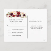 Marsala Bourgogne Bloemen Bruiloft RSVP Briefkaart (Achterkant)