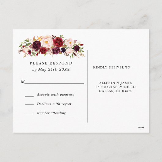 Marsala Bourgogne Bloemen Bruiloft RSVP Briefkaart (Achterkant)