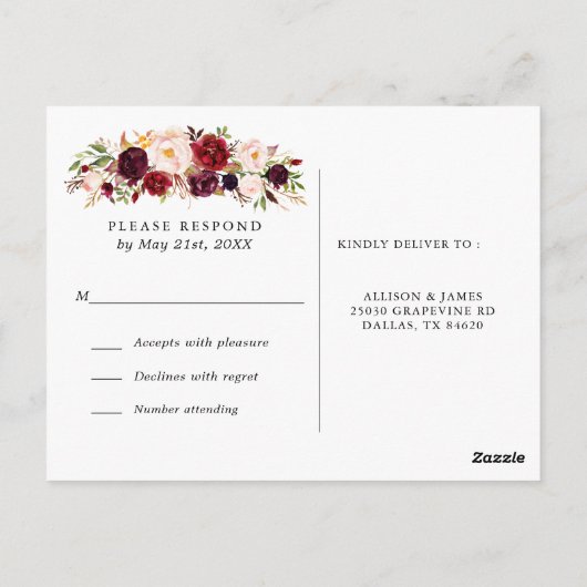 Marsala Bourgogne Bloemen Bruiloft RSVP Briefkaart (Achterkant)