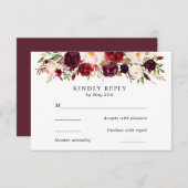 Marsala Bourgogne Bloemen Bruiloft RSVP Kaart (Voorkant / Achterkant)