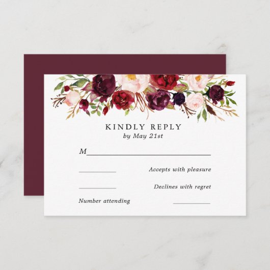 Marsala Bourgogne Bloemen Bruiloft RSVP Kaart (Voorkant / Achterkant)