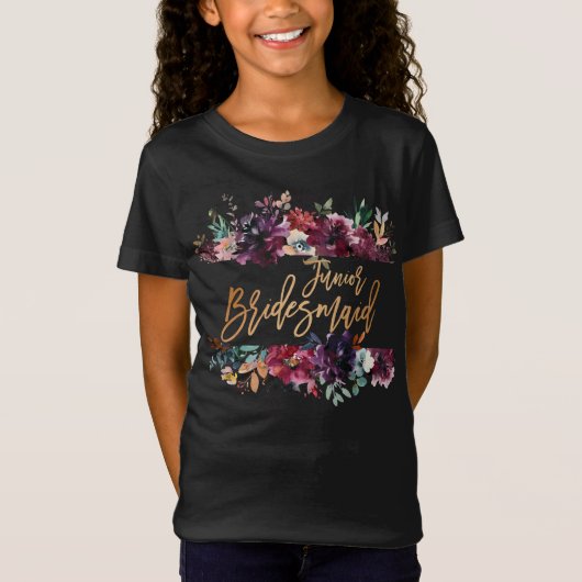 Marsala Bourgogne Bloemfolie Jr Bruidsmeisje T-shirt (Voorkant)