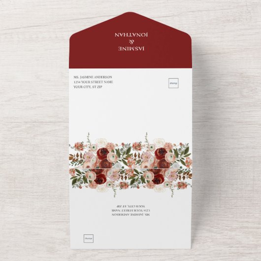 Marsala, Bourgogne, Blush, Green Autumn Floral All In One Uitnodiging (Buitenkant)