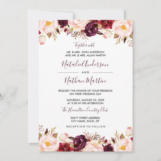 Marsala Bourgogne Rode Waterverf Bloemenbruiloft Kaart (Voorkant)