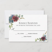 Marsala Bourgogne Rood en Blauw Bruiloft RSVP Kaar