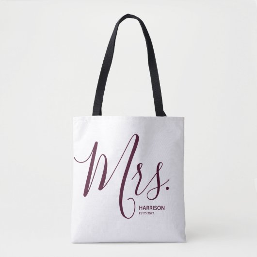 Marsala Bourgogne Script White Personalised Mrs. Tote Bag (Voorkant)