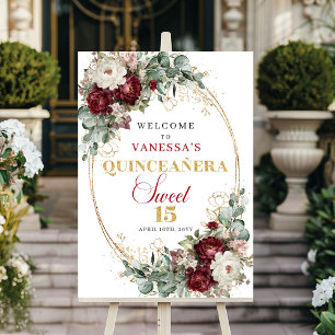Marsala Bourgondië Bloem Goud Quinceanera Welkom Poster