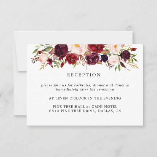 Marsala Bourgondië Bloemen Huwelijksreceptiekaart RSVP Kaartje (Voorkant)