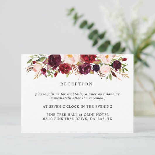 Marsala Bourgondië Bloemen Huwelijksreceptiekaart RSVP Kaartje (Staand voorkant)