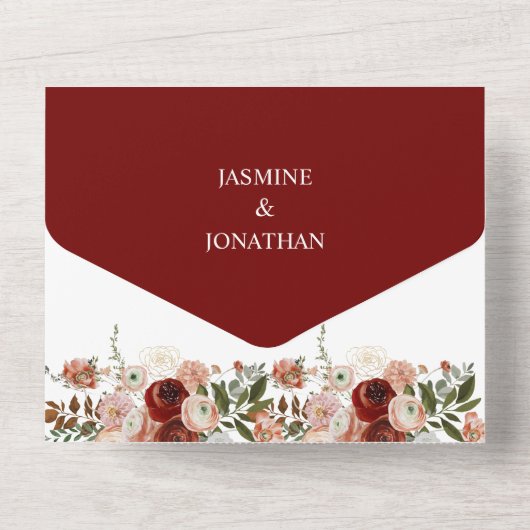 Marsala, Bourgondië, Blush, Groene Herfst Bloemig All In One Uitnodiging (Achterkant)