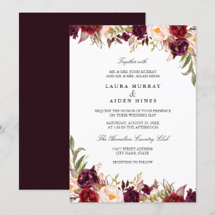 Marsala Bourgondië Blush Waterverf Bloemen Bruilof Kaart