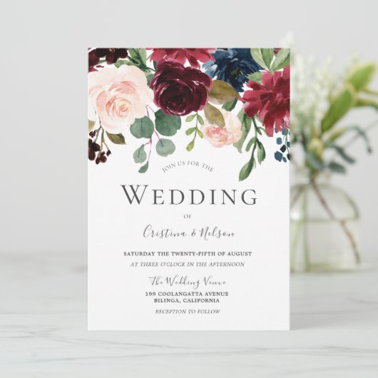 Marsala Bourgondië Rode Wijn Blush Bloemig Bruilof Kaart (Staand voorkant)