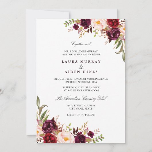 Marsala Bourgondië Waterverf Bloemenbruiloft Kaart (Voorkant)