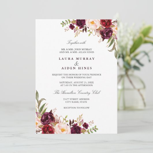 Marsala Bourgondië Waterverf Bloemenbruiloft Kaart (Staand voorkant)