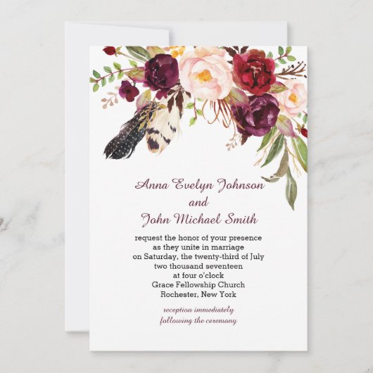 Marsala Bourgondië Witte Rozen Veren Boho Bruiloft Kaart (Voorkant)