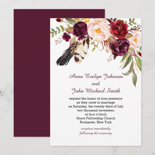 Marsala Bourgondië Witte Rozen Veren Boho Bruiloft Kaart (Voorkant / Achterkant)