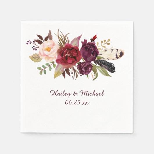 Marsala Bourgondië Witte Rozen Veren Boho Servet (Voorkant)