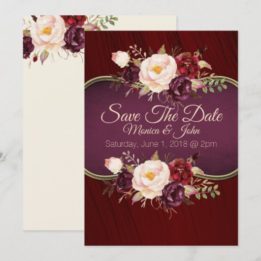 Marsala Burgandy Waterverf Floral Save the Date (Voorkant / Achterkant)