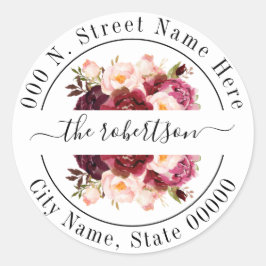 Marsala burgudy floral boho chic retouradres ronde sticker