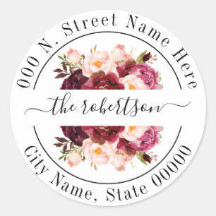 Marsala burgudy floral boho chic retouradres ronde sticker