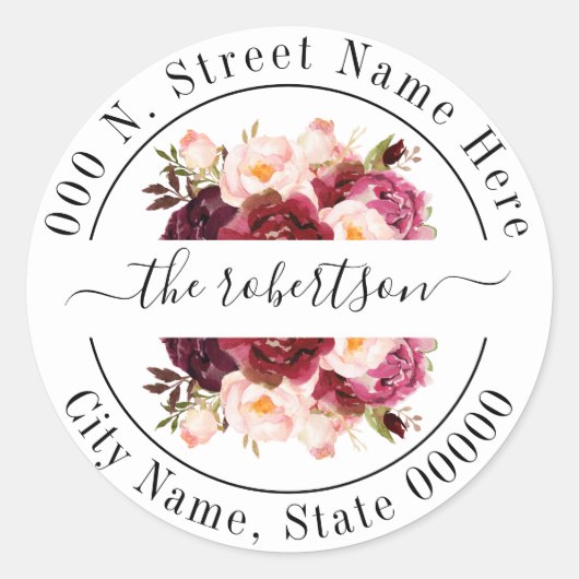 Marsala burgudy floral boho chic retouradres ronde sticker (Voorkant)