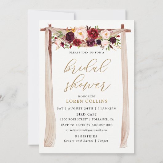 Marsala Burgundy Bloemboog Boho Bruidsdouche Kaart (Voorkant)
