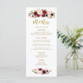 Marsala Burgundy Bloemen Boho Bruiloft Menu (Staand voorkant)