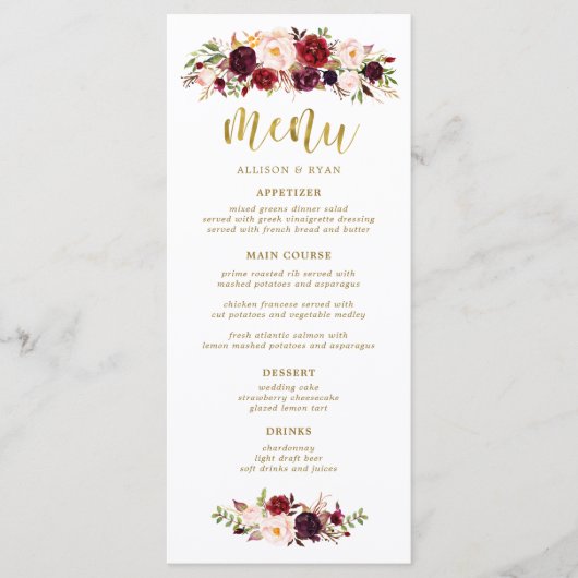 Marsala Burgundy Bloemen Boho Bruiloft Menu (Voorkant)