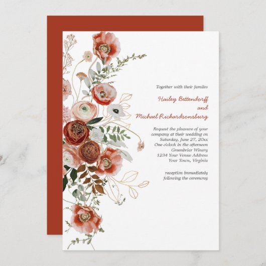 Marsala Burgundy Blush Herfst Floral Wedding Invit Kaart (Voorkant / Achterkant)