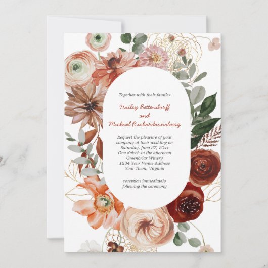 Marsala Burgundy Blush Herfst Floral Wedding Invit Kaart (Voorkant)