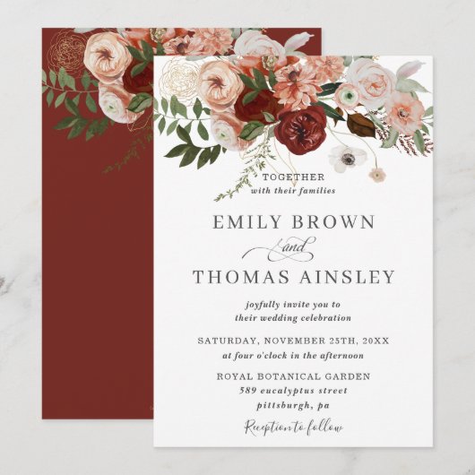 Marsala Burgundy Blush Oranje Greenery Wedding Kaart (Voorkant / Achterkant)