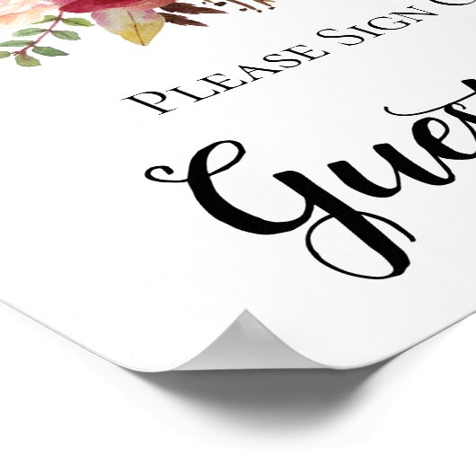 Marsala Burgundy Boho Rozen Guest Book Sign Poster (Hoek)