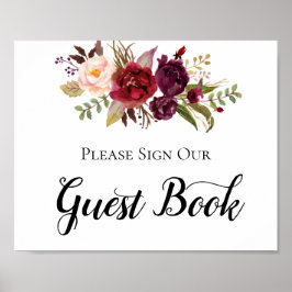 Marsala Burgundy Boho Rozen Guest Book Sign Poster