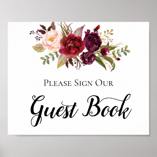 Marsala Burgundy Boho Rozen Guest Book Sign Poster (Voorkant)