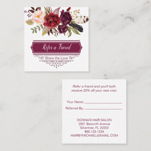 Marsala Burgundy Boho Rozen Referral-kaart Aanbevelingskaartje (Voorkant / Achterkant)