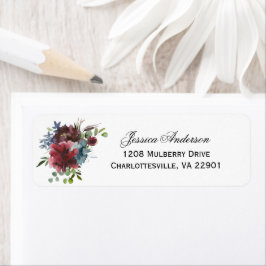 Marsala Burgundy en Blue Waterverf Floral Etiket