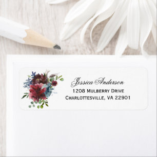 Marsala Burgundy en Blue Waterverf Floral Etiket