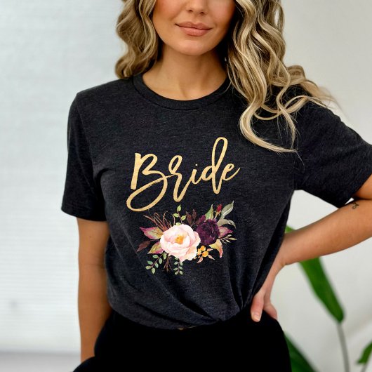Marsala burgundy Floral bride T-shirt