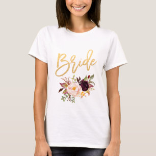 Marsala burgundy Floral bride white T-shirt