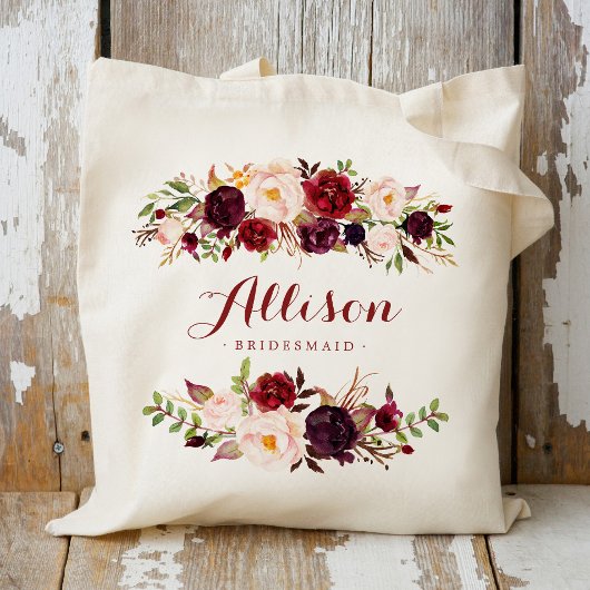 Marsala burgundy floral Bridesmaid Personalized Tote Bag