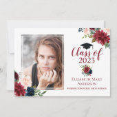 Marsala Burgundy Floral Foto Afstuderen Aankondiging (Voorkant)