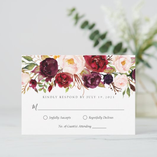 Marsala burgundy floral RSVP V3 Kaart (Staand voorkant)