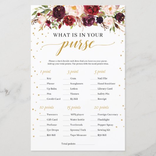 Marsala burgundy floral wat er in je handtas zit (Voorkant)