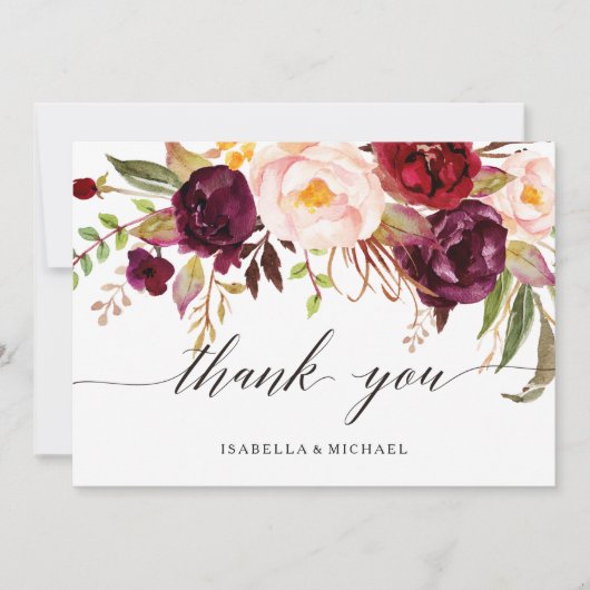 Marsala Burgundy Floral Wedding Bedankt (Voorkant)