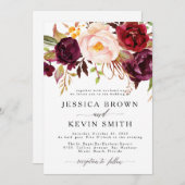 Marsala Burgundy Floral Wedding Invitation Kaart (Voorkant / Achterkant)