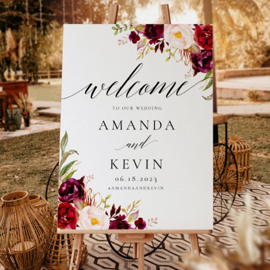 Marsala burgundy Floral Wedding Welcome Sign Poster