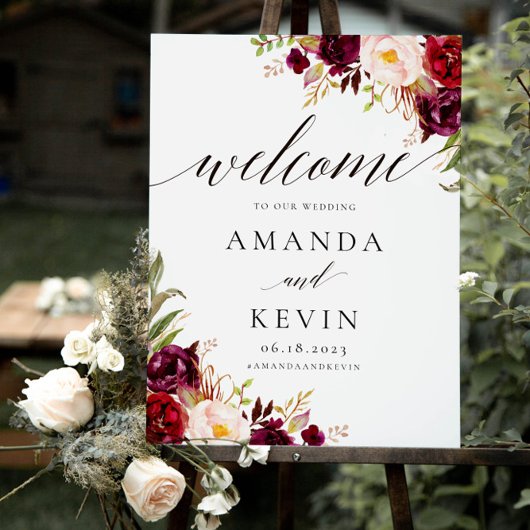 Marsala burgundy Floral Wedding Welcome Sign Poster