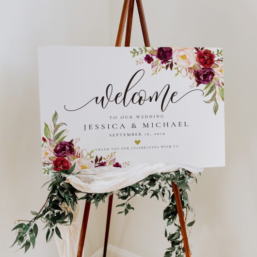 Marsala Burgundy Floral Wedding Welkom Poster