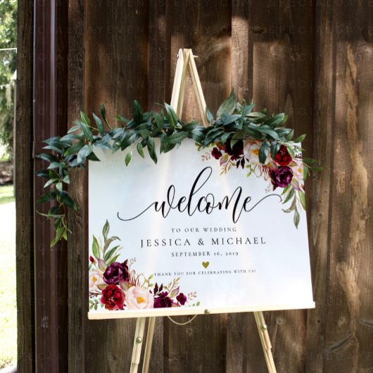 Marsala Burgundy Floral Wedding Welkom Poster