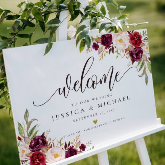 Marsala Burgundy Floral Wedding Welkom Poster